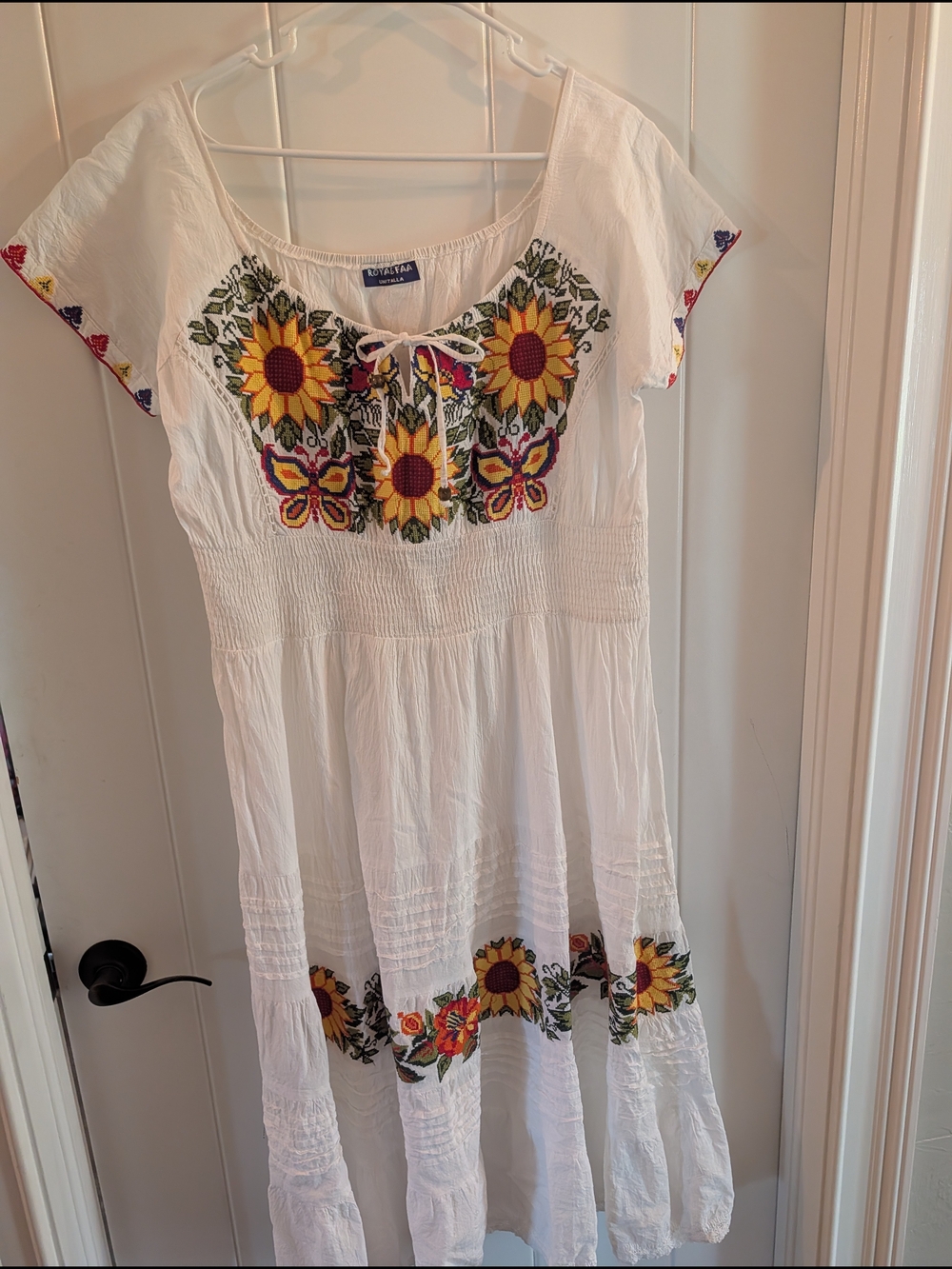 White Embroidered Sunflower Peasant Dress